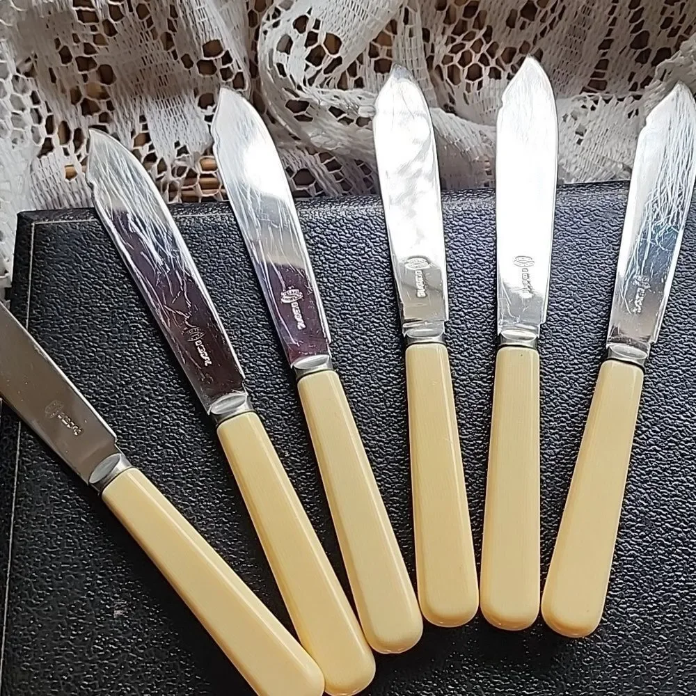 Vtg Faux Ivory Handles Original Box Fish Knives/Forks Set